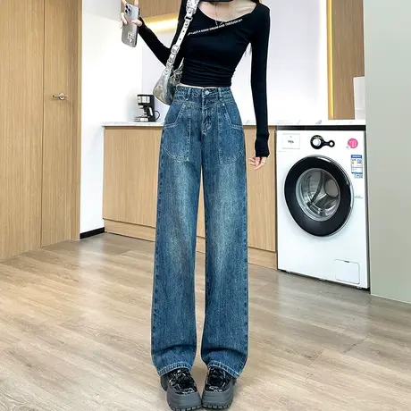 大口袋阔腿牛仔裤女2024春秋新款高腰直筒显瘦百搭垂感阔腿拖地裤图片