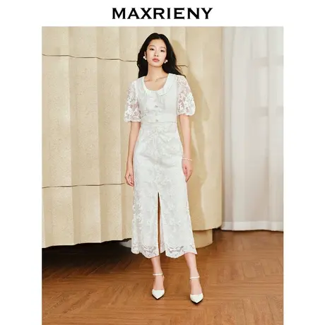 MAXRIENY优雅复古感钉珠领连衣裙2024春季新品开衩裙子仙女长裙图片