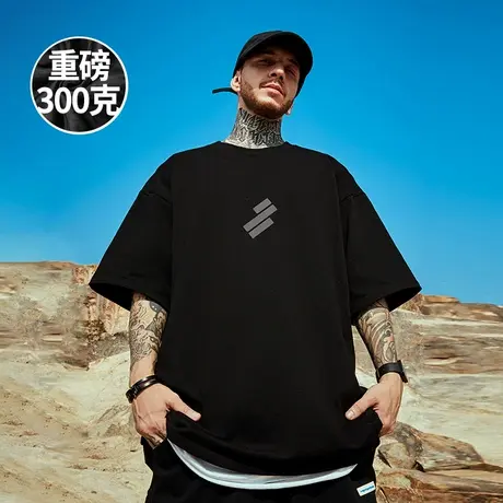 300g重磅美式加肥加大短袖t恤街头大码男装黑色圆领纯棉简约半袖图片