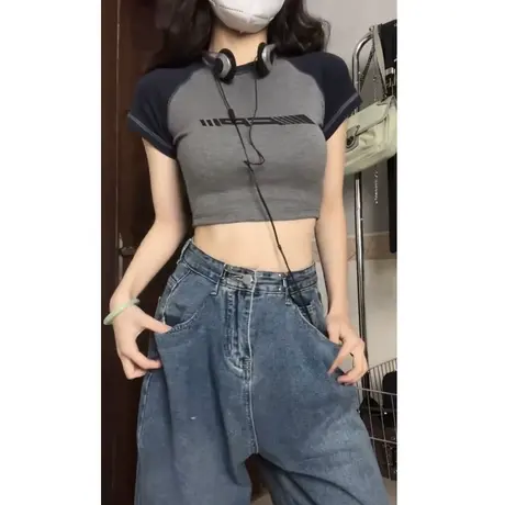 正肩短袖t恤女夏季小众设计感辣妹风纯欲欧美复古修身短款上衣ins商品大图