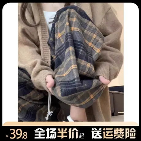 格子阔腿裤女2023新款秋冬复古慵懒风小众设计感宽松拖地休闲裤潮图片