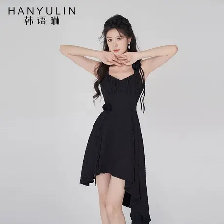 韩语琳黑色吊带显瘦连衣裙女2024年夏季新款高腰不规则裙子中长款图片