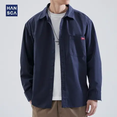 hansca莱赛尔休闲衬衫男高级感春季新款简约纯色日系复古工装外套商品大图