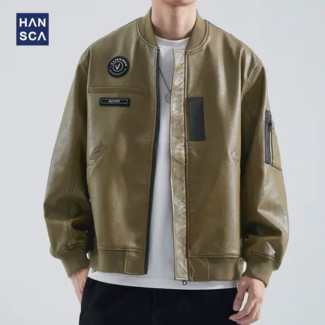 hansca秋季皮衣外套男春秋美式复古痞帅高级感炸街休闲棒球服夹克商品大图