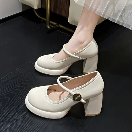 玛丽珍鞋粗跟单鞋女2024新款气质法式高跟鞋春秋浅口仙女鞋小皮鞋图片