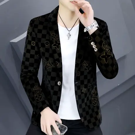 休闲西装外套男士韩版潮流格子单西上衣青年春秋季痞帅印花小西服商品大图