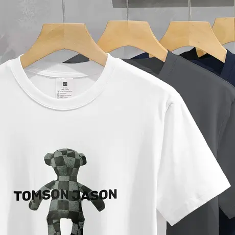 重磅纯棉小熊t恤男士短袖夏季宽松圆领上衣服白色打底衫全棉半袖图片