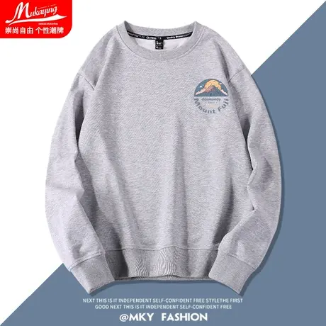 灰色胸标富士山峰潮牌日系卫衣男无帽圆领长袖青少年宽松大码衣服图片