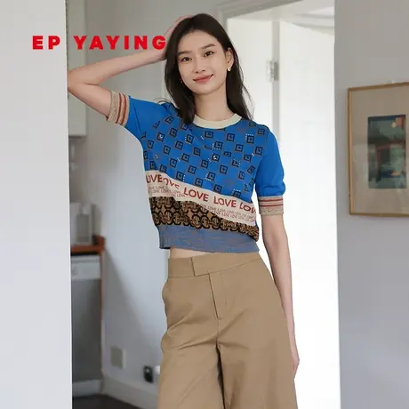 EP YAYING雅莹女装 复古风老花字母撞色针织短袖 2023秋季新9555A商品大图