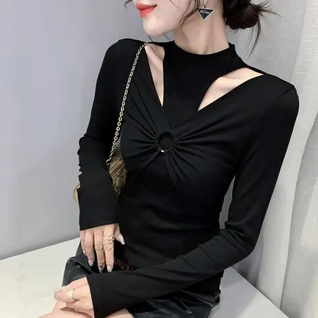 性感镂空露锁骨T恤设计感小众别致上衣紧身内搭打底衫女长袖春秋商品大图