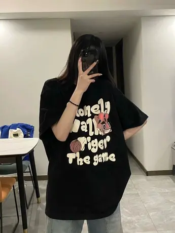 纯棉短袖t恤女装2023年春夏季新款国潮宽松半袖体恤港味chic上衣商品大图