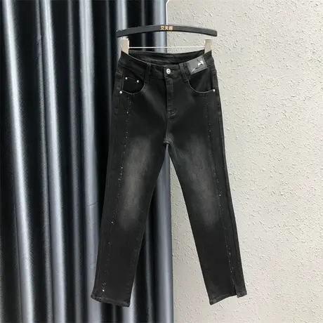 欧货2023秋季新款时尚百搭烫钻九分牛仔直筒裤女高腰弹力烟管裤潮商品大图