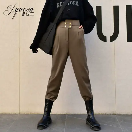 毛呢哈伦裤女高腰春秋季宽松显瘦西装裤设计感休闲九分小脚萝卜裤商品大图