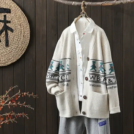 2022年秋冬新品复古文艺提花V领单排扣长袖毛线针织开衫外套图片