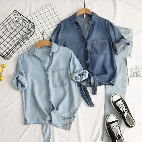 薄款天丝中袖牛仔衬衫女夏短款宽松打结垂感七分袖小披肩百搭上衣图片