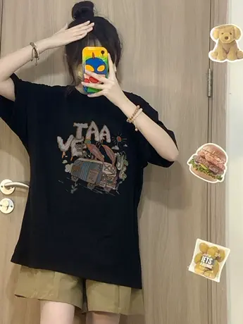 美式复古纯棉短袖t恤女2023夏季宽松潮牌ins设计感小众半袖上衣服商品大图