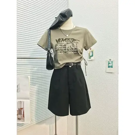 夏装新款字母印花圆领短袖侧抽绳T恤复古辣妹设计短款小件上衣潮图片