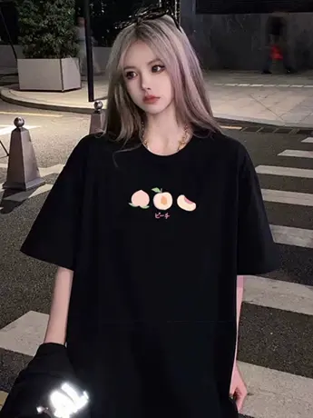 黑色仿棉短袖t恤女夏季半袖2023新款宽松百搭大码中长款体恤上衣图片