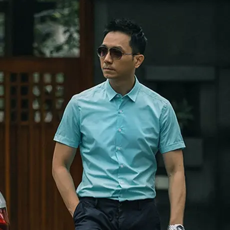夏季男士衬衫衬衣短袖修身职业男装淡青色商务男装商品大图