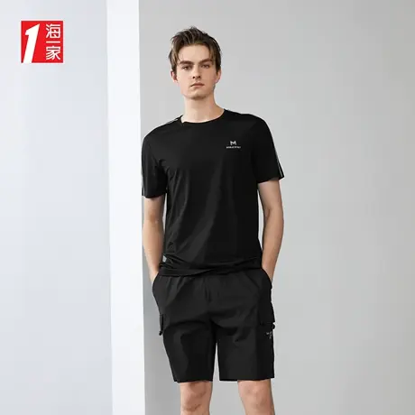 海一家运动时尚短T2023夏季新款舒适圆领简约绣花短袖T恤商品大图