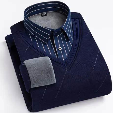 条纹衬衫领加绒加厚假两件毛衣男士保暖针织羊毛衫中老年人爸爸装商品大图