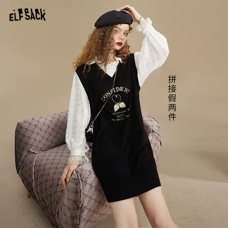 妖精的口袋假两件长袖连衣裙女2023秋新款小个子拼接宽松休闲裙子图片