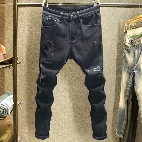 黑色高端镶钻男士牛仔裤修身小脚弹力裤子秋季潮牌破洞长裤春秋款商品大图