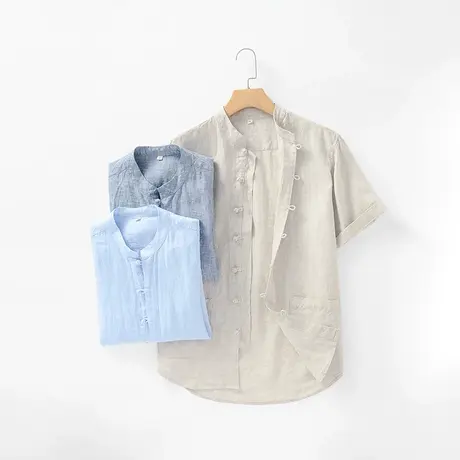 亚麻短袖衬衫男休闲复古宽松夏季薄款中国风棉麻男士盘扣大码衬衣商品大图