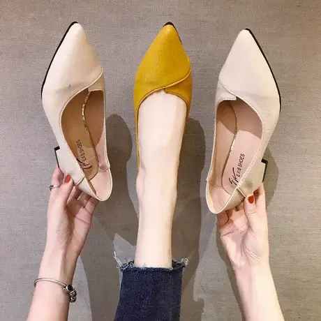 女鞋2023新款春秋浅口尖头女士中粗跟单鞋工作鞋子两穿黑色中跟鞋商品大图