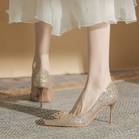 婚鞋女2023春季新款禾秀婚纱两穿气质新娘细跟单鞋尖头水钻高跟鞋图片