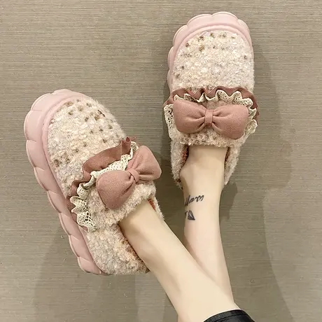 包跟棉鞋女冬季可爱花边蝴蝶结厚底室内居家防滑毛绒绒保暖棉拖鞋商品大图