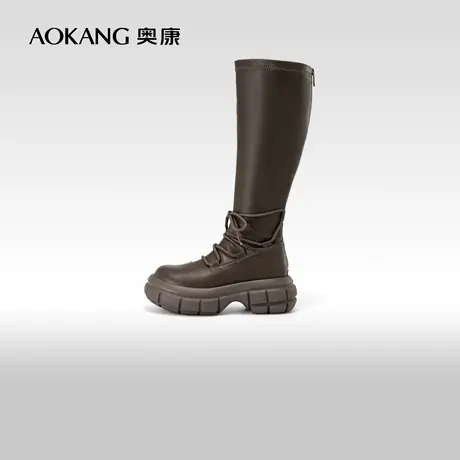 奥康女鞋 冬季新款时尚轮胎底绑带瘦瘦靴简约时装靴长筒靴图片
