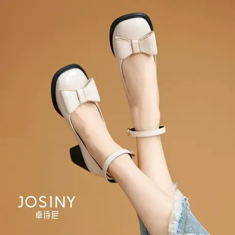 卓诗尼蝴蝶结玛丽珍鞋女2023年秋季新款仙女一字扣白色单鞋高跟鞋图片