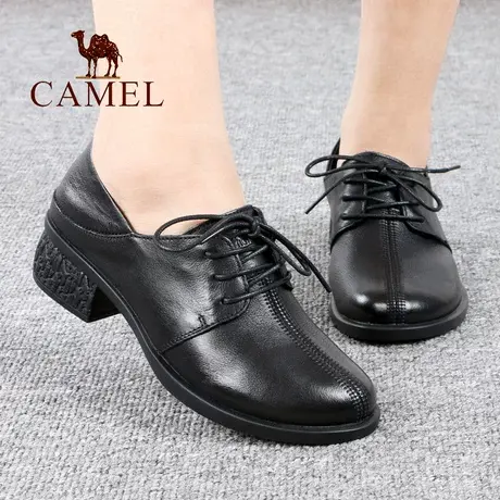 Camel/骆驼女鞋秋季新款真头层牛皮小粗跟妈妈英伦舒适休闲单鞋子图片