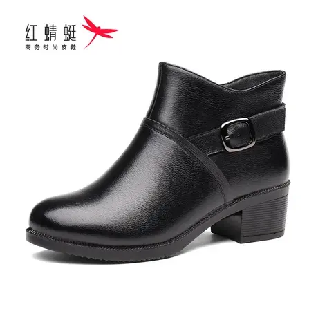 红蜻蜓女鞋女靴秋冬牛皮妈妈鞋高帮女士皮鞋保暖棉鞋加绒柔软舒适图片