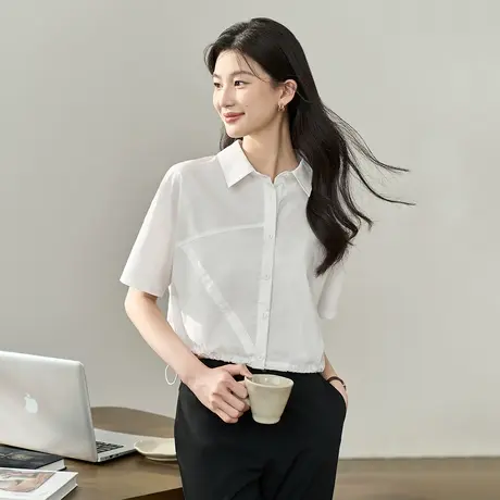 【商场同款】茵曼短款衬衣2023夏女装新款抽绳收口短袖显瘦上衣图片