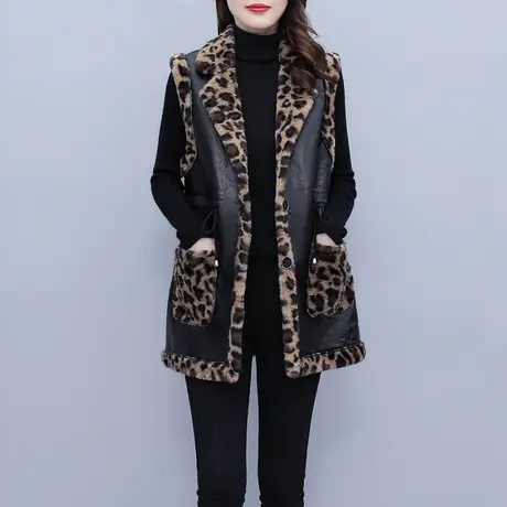 2023大码女装冬装加绒加厚豹纹兔毛绒马甲皮毛一体马夹大衣女外套图片