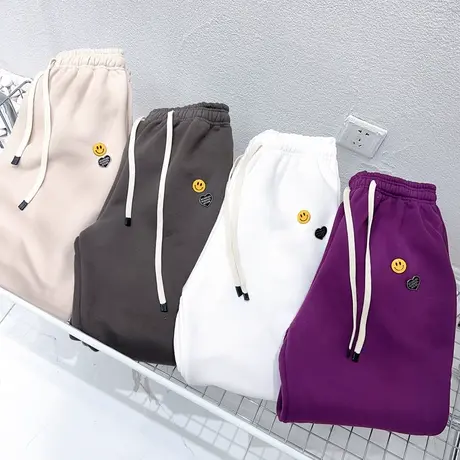 韩国东大门加绒卫裤秋冬款笑脸爱心高腰束脚运动休闲裤哈伦裤紫色商品大图