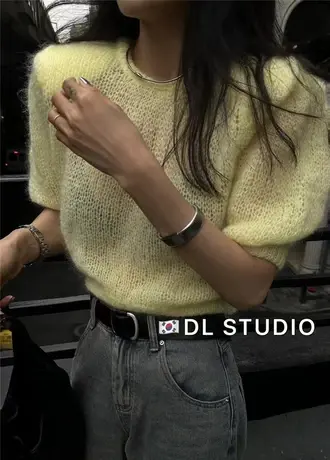 东大门2023春季女装新款甜美洋气圆领垫肩短款短袖套头针织衫毛衣商品大图
