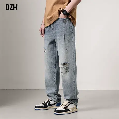 男士痞帅破洞牛仔裤男春夏直筒2023年新款宽松裤子大码休闲裤长裤商品大图