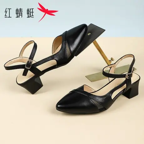 红蜻蜓女鞋2025夏季法式气质一字带高跟鞋真皮百搭粗跟包头女凉鞋商品大图