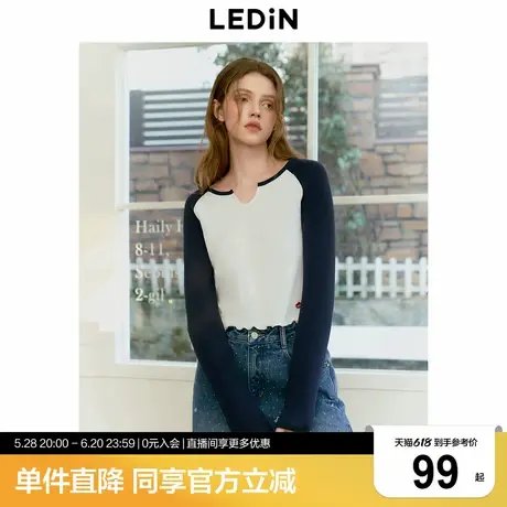 乐町设计感V领插肩袖打底衫女新款甜美木耳边短款藏青色长袖T恤商品大图