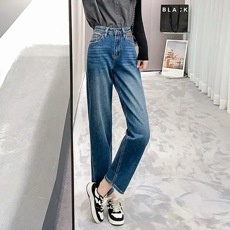 丽洁美式复古水洗直筒牛仔裤女2025春季新款高腰九分休闲纸袋裤子商品大图