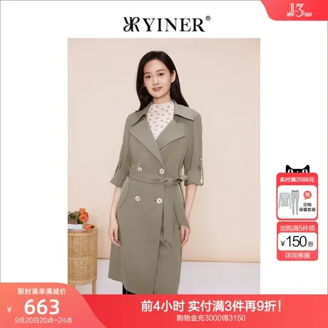 YINER音儿女装2023春季新款通勤复古英伦风双排扣风衣商品大图