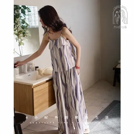 妮狄娅睡衣女夏季柔软棉带胸垫吊带衫时尚阔腿裤度假风家居服套装商品大图