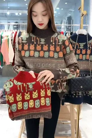 可爱小熊嵌花半高领毛衣英伦复古学院风秋冬装针织衫减龄内搭毛衣图片