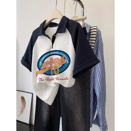 情侣装夏装插肩T恤2023新款美式复古polo领上衣女大码宽松短袖ins商品大图