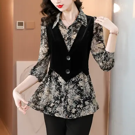 长袖t恤女雪纺衫秋季新款2023假两件碎花收腰上衣漂亮小衫妈妈装商品大图