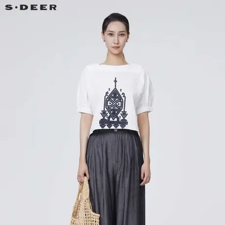 sdeer圣迪奥女装田园风方领撞色绣花不规则短袖衬衫S24280413商品大图