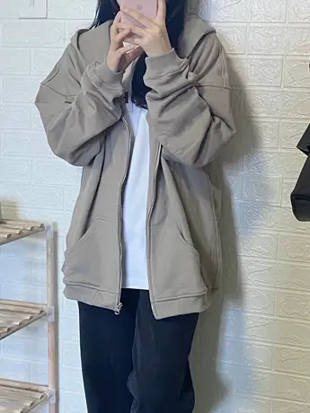 oversize卫衣女2023春秋季设计感小众薄款慵懒风连帽大码开衫外套图片